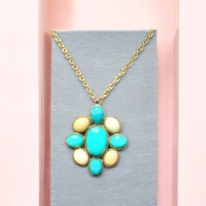 Vintage Blue White Beige Stone Look Statement Necklace Accents Western Art